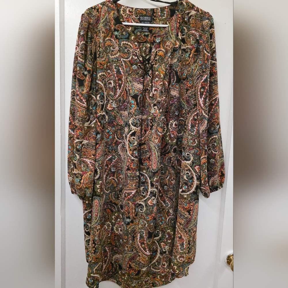 Soho Apparel Paisley Boho Dress 1X | Multicolor Long Sleeve | Like New